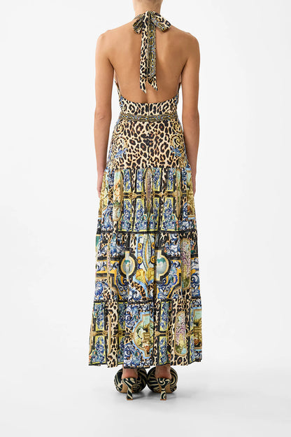 Camilla Halter Jersey Dress with Tiered Skirt in Sevillian Style