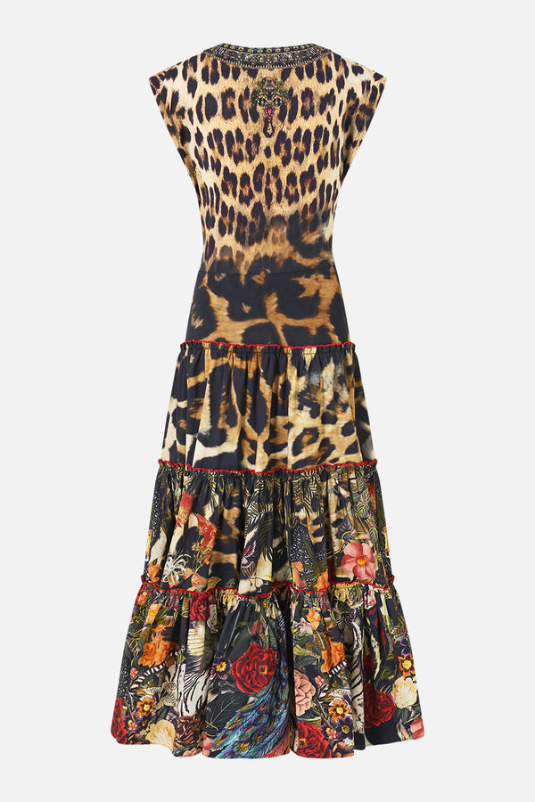 Camilla Cap Sleeve Twist Front Midi Dress in Leotigra Land