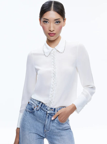 Alice + Olivia Willa Embellished Placket Top in Off White