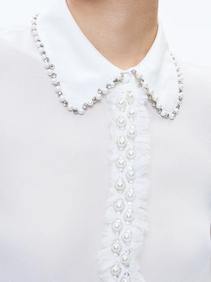 Alice + Olivia Willa Embellished Placket Top in Off White