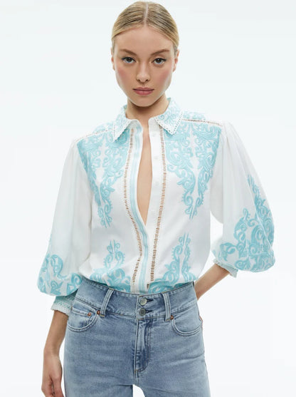 Alice + Olivia Loryn Embroidered Button Down Bouse in Off White/Spring Sky