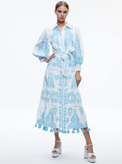 Alice + Olivia Shira Embroidered Midi Tiered Dress in Off White/Spring Sky