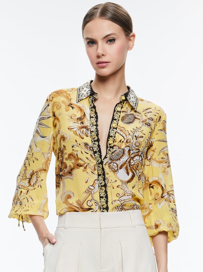 Alice + Olivia Willa Tie Sleeve Top in Lisboa Lemon Meringue