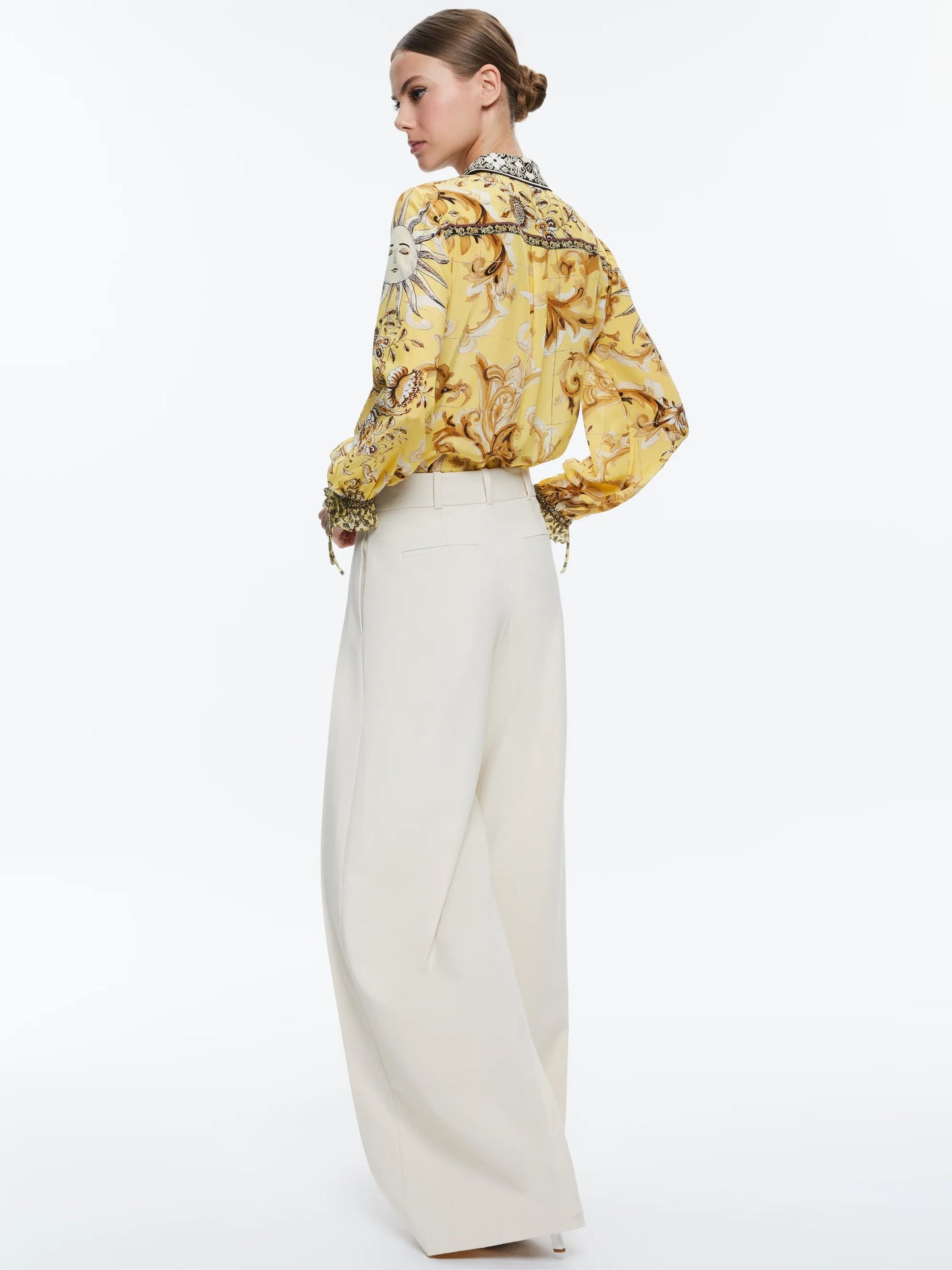 Alice + Olivia Willa Tie Sleeve Top in Lisboa Lemon Meringue