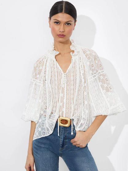 Alice + Olivia Norah Eyelet Peasant Blouse in Off-White