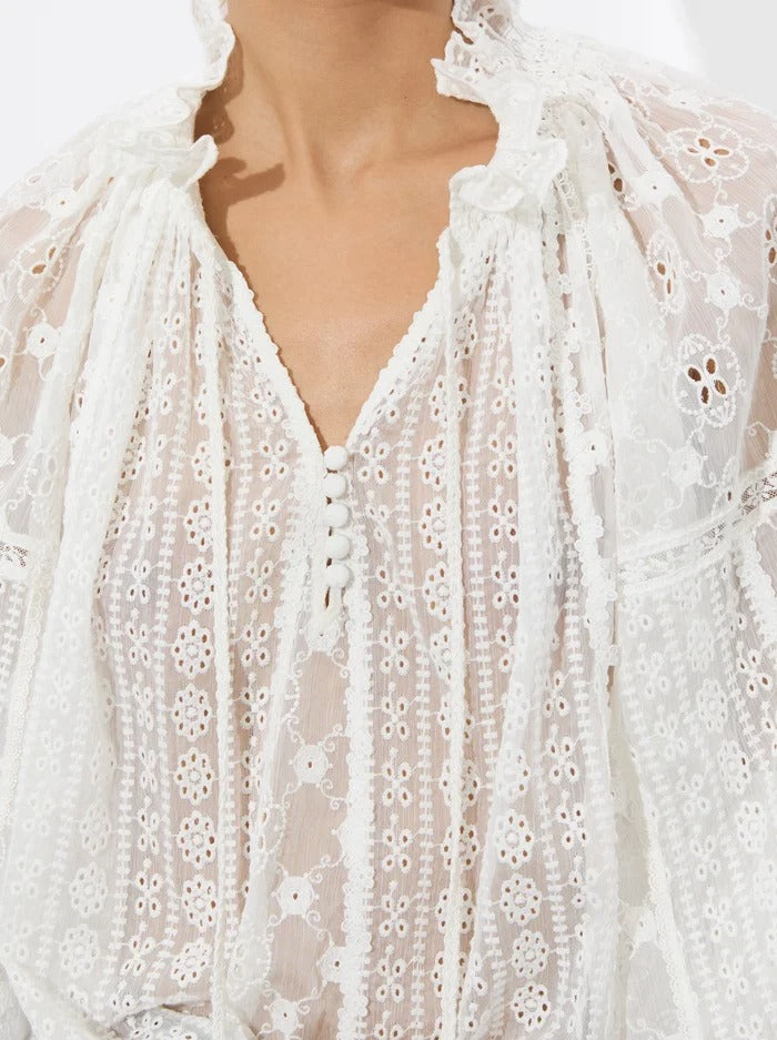 Alice + Olivia Norah Eyelet Peasant Blouse in Off-White