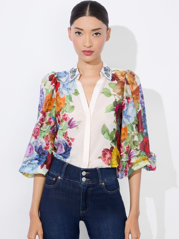 Alice + Olivia Roanne Button Down Blouse in Garden Brunch Off-White