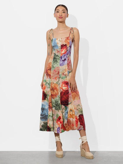 Alice + Olivia Jeanette Tie Shoulder Paneled Midi Dress in Storm Floral