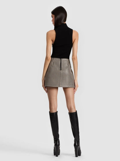 Alice + Olivia Elana Vegan Leather Mini Skirt in Black/Biscotti