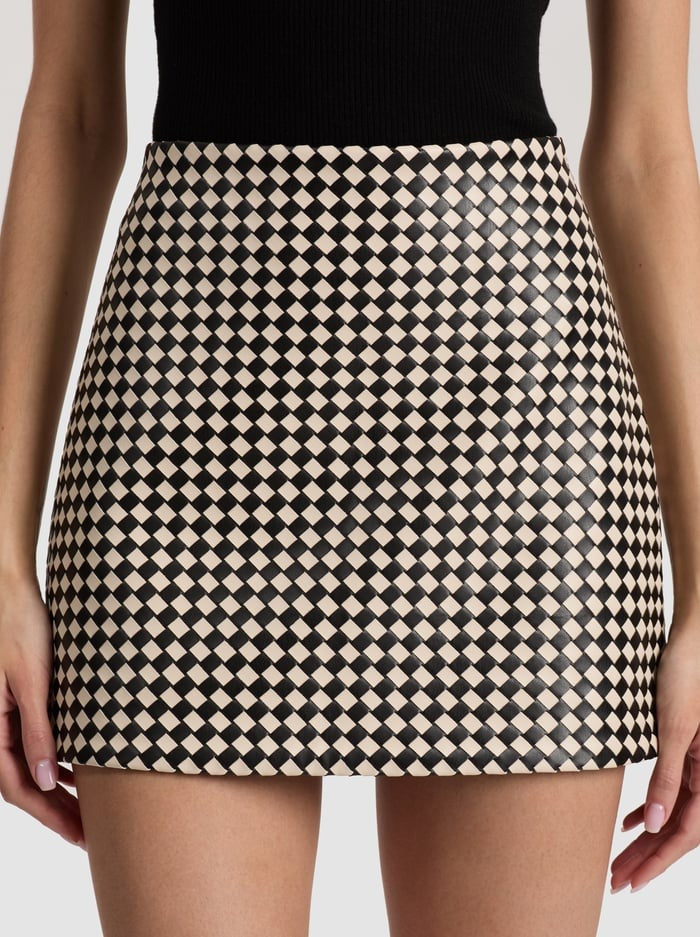 Alice + Olivia Elana Vegan Leather Mini Skirt in Black/Biscotti