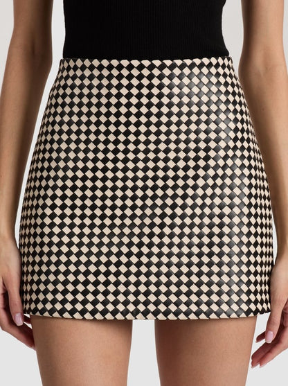 Alice + Olivia Elana Vegan Leather Mini Skirt in Black/Biscotti