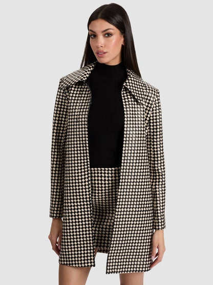 Alice + Olivia Logan Woven Vegan Leather Coat in Black/Biscotti