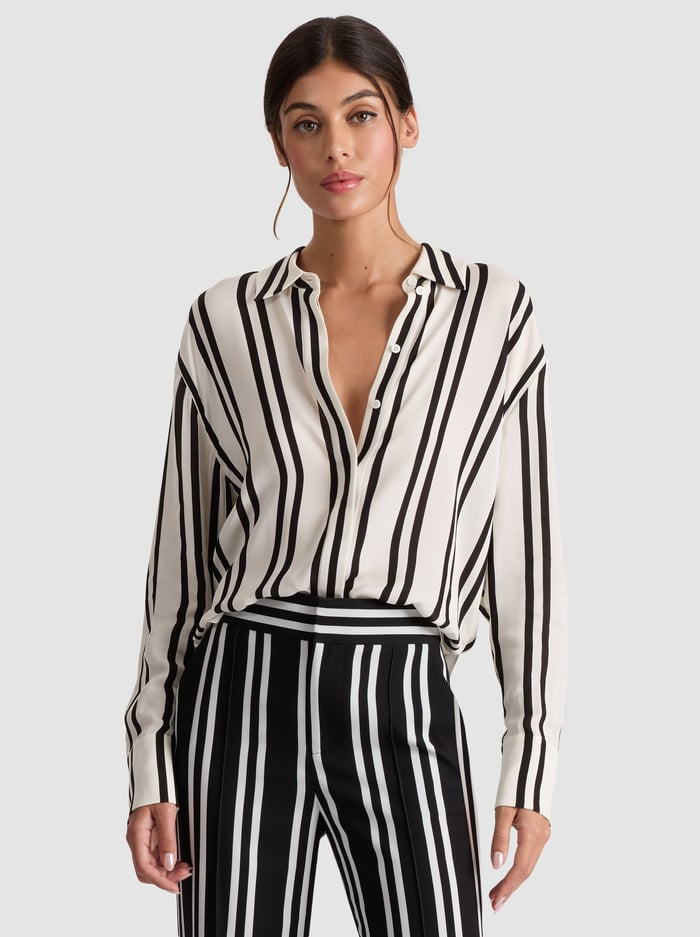 Alice + Olivia Dimitra Hi-Low Button Down Shirt in Paddleboard Stripe