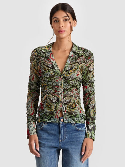 Alice + Olivia Portia Mesh Button Down Shirt in Paisley Poem
