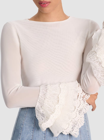 Alice Olivia Delaina Top With Ruffle Cuff in Off White