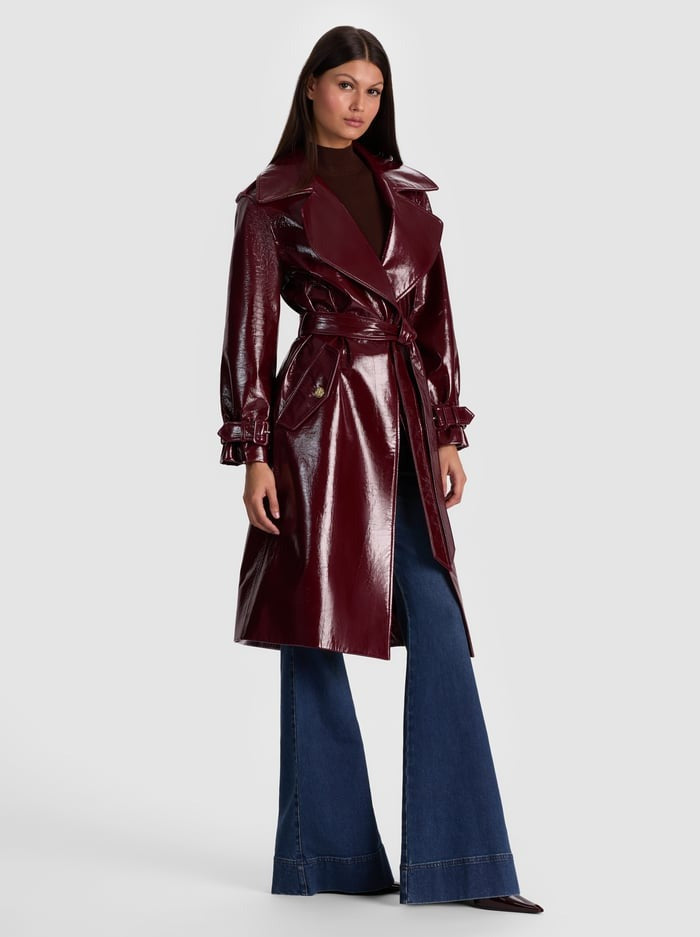 Alice + Olivia Nevada Vegan Leather Trench Coat in Oxblood