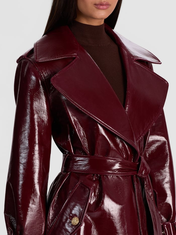 Alice + Olivia Nevada Vegan Leather Trench Coat in Oxblood