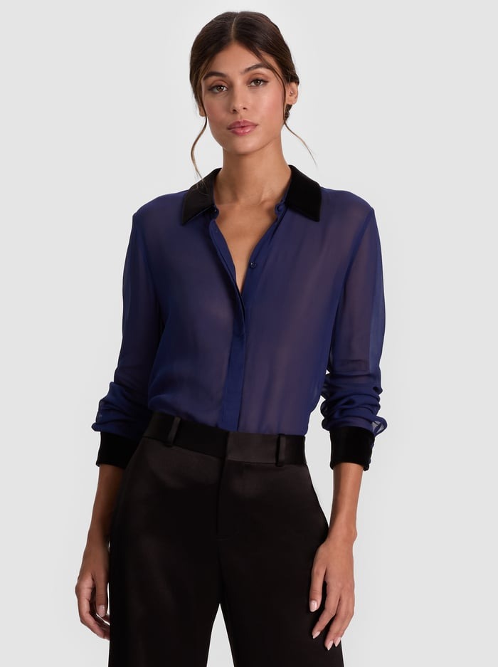 Alice + Olivia Willa Combo Blouse in Midnight Blue/Black