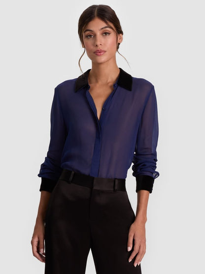 Alice + Olivia Willa Combo Blouse in Midnight Blue/Black