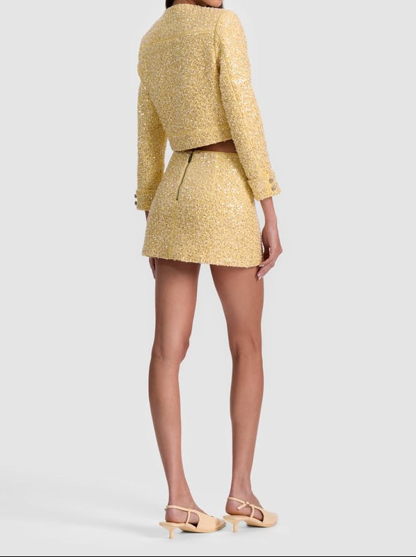 Alice + Olivia Ecenia Embellished Tweed Mini Skirt in Butter