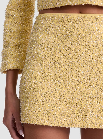 Alice + Olivia Ecenia Embellished Tweed Mini Skirt in Butter