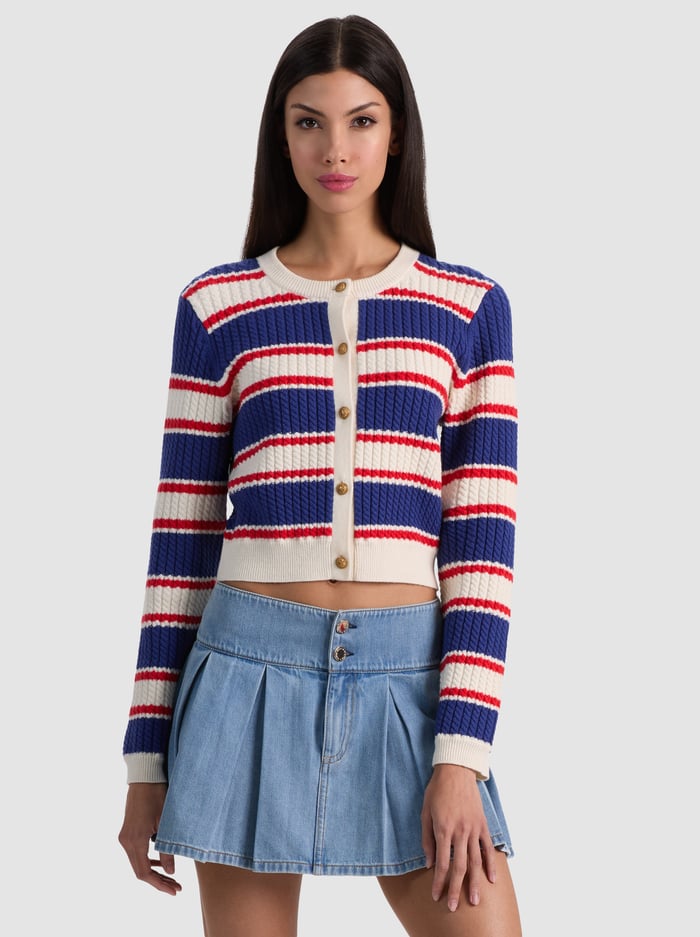 Alice + Olivia Dollie Striped Cable Cardigan in Americana Stripe