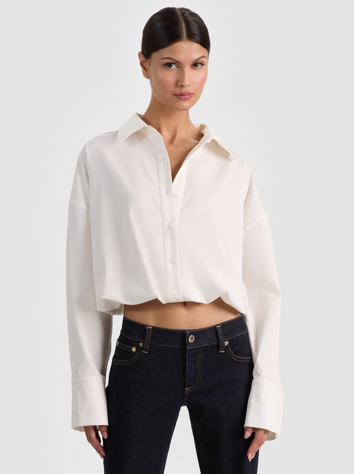 Alice + Olivia Tobie Relaxed Button Down Crop Top in Off White