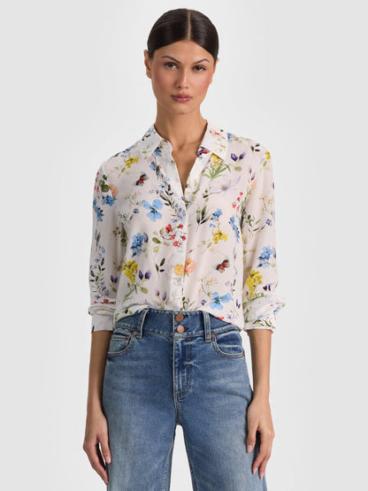 Alice + Olivia Willa Silk Blouse in Twisting Vines Off White