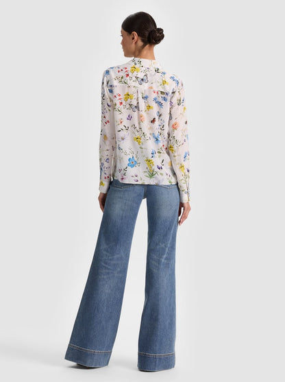 Alice + Olivia Willa Silk Blouse in Twisting Vines Off White