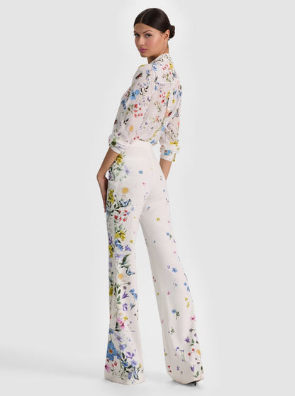 Alice + Olivia Andrew Low Rise Bootcut Slim Pant in Twisting Vines Off White