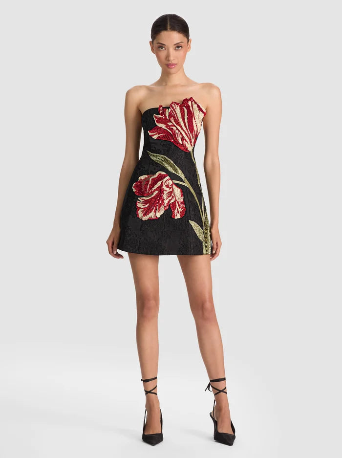 Alice + Olivia Katia Embellished Mini Dress in Soft Tulip Black
