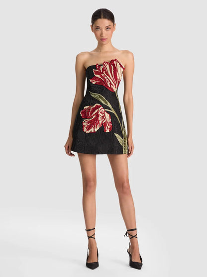 Alice + Olivia Katia Embellished Mini Dress in Soft Tulip Black