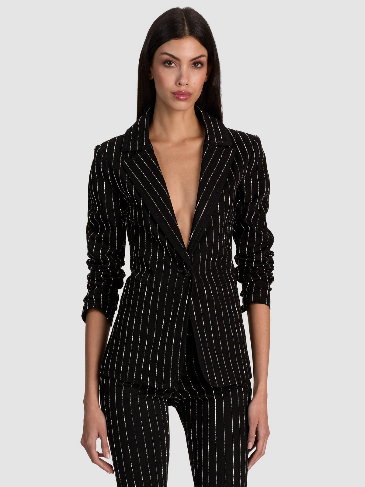 Alice + Olivia Macey Embellished Notch Collar Fitted Denim Blazer (More Colors)