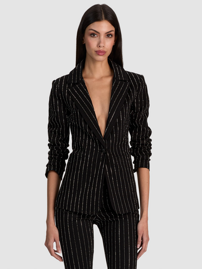 Alice + Olivia Macey Embellished Notch Collar Fitted Denim Blazer (More Colors)