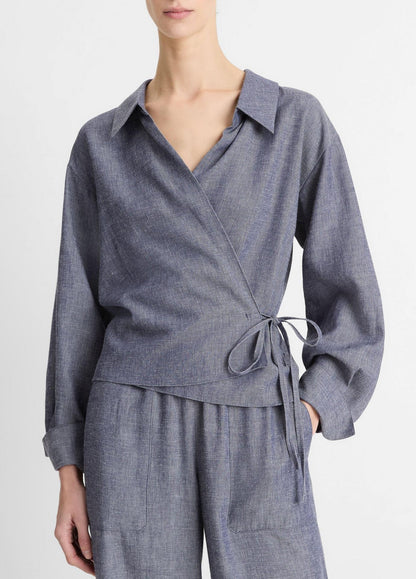 Vince Collared Wrap Top in Mid Indigo