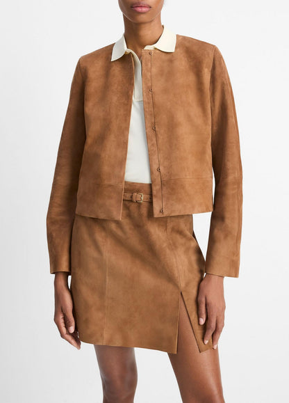 Vince Collarless Cropped Suede Jacket in Camarillo
