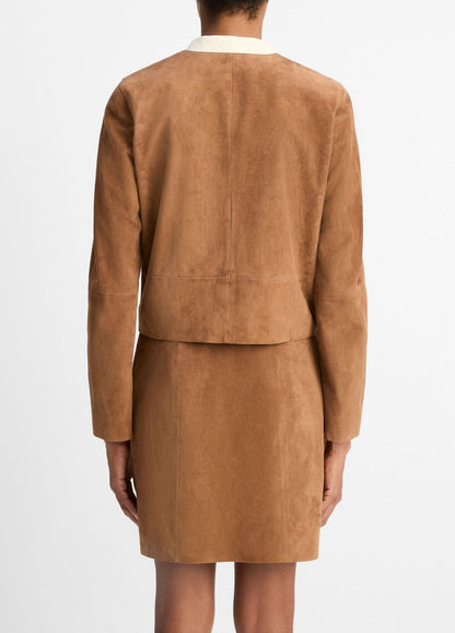 Vince Collarless Cropped Suede Jacket in Camarillo