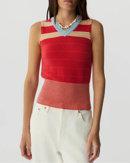 Guest in Residence Collegiate Stripe Vest in Scarlet Combo