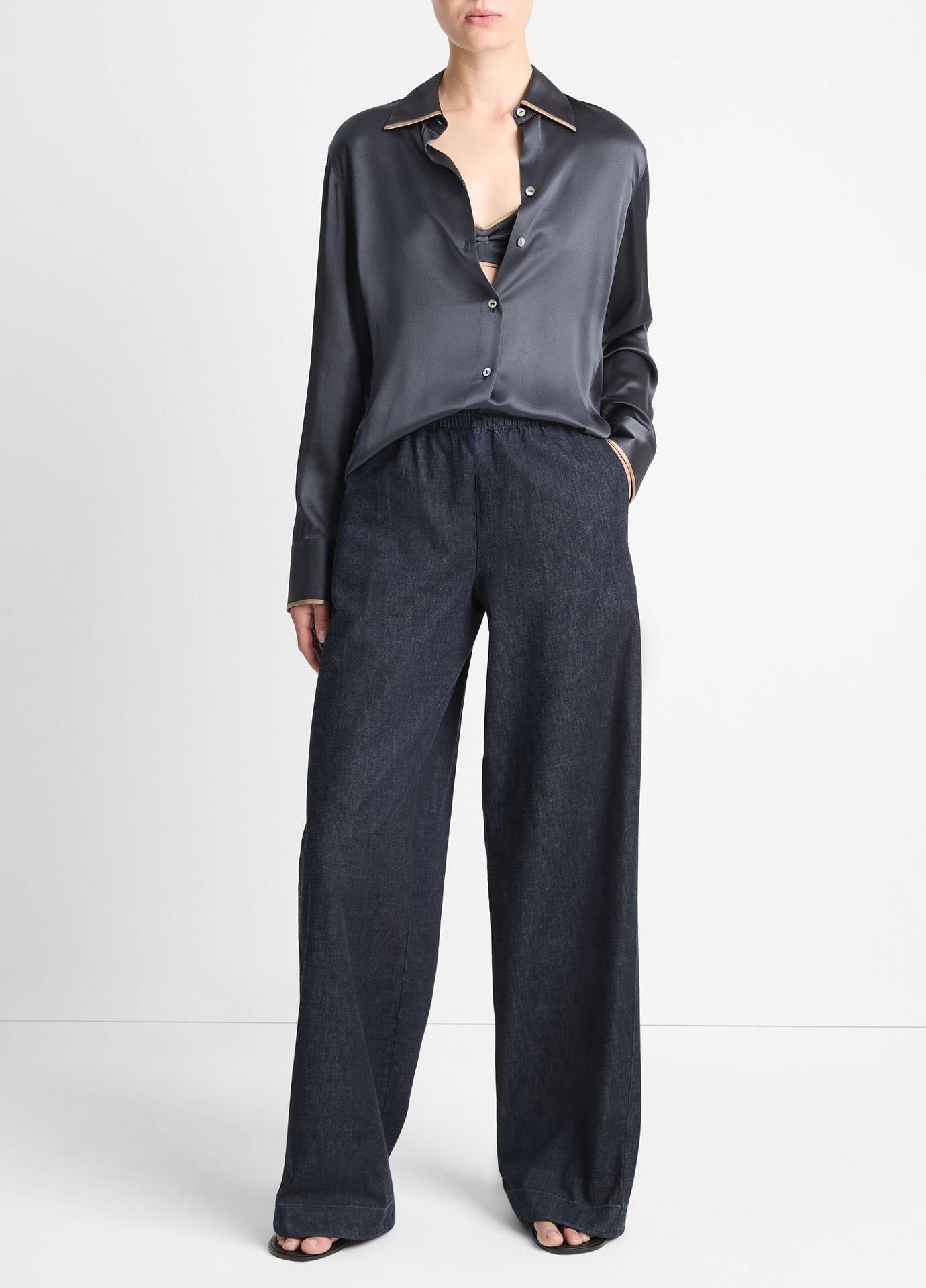 Vince Low-Rise Pull-On Wide-Leg Twill Pant in Washed Indigo