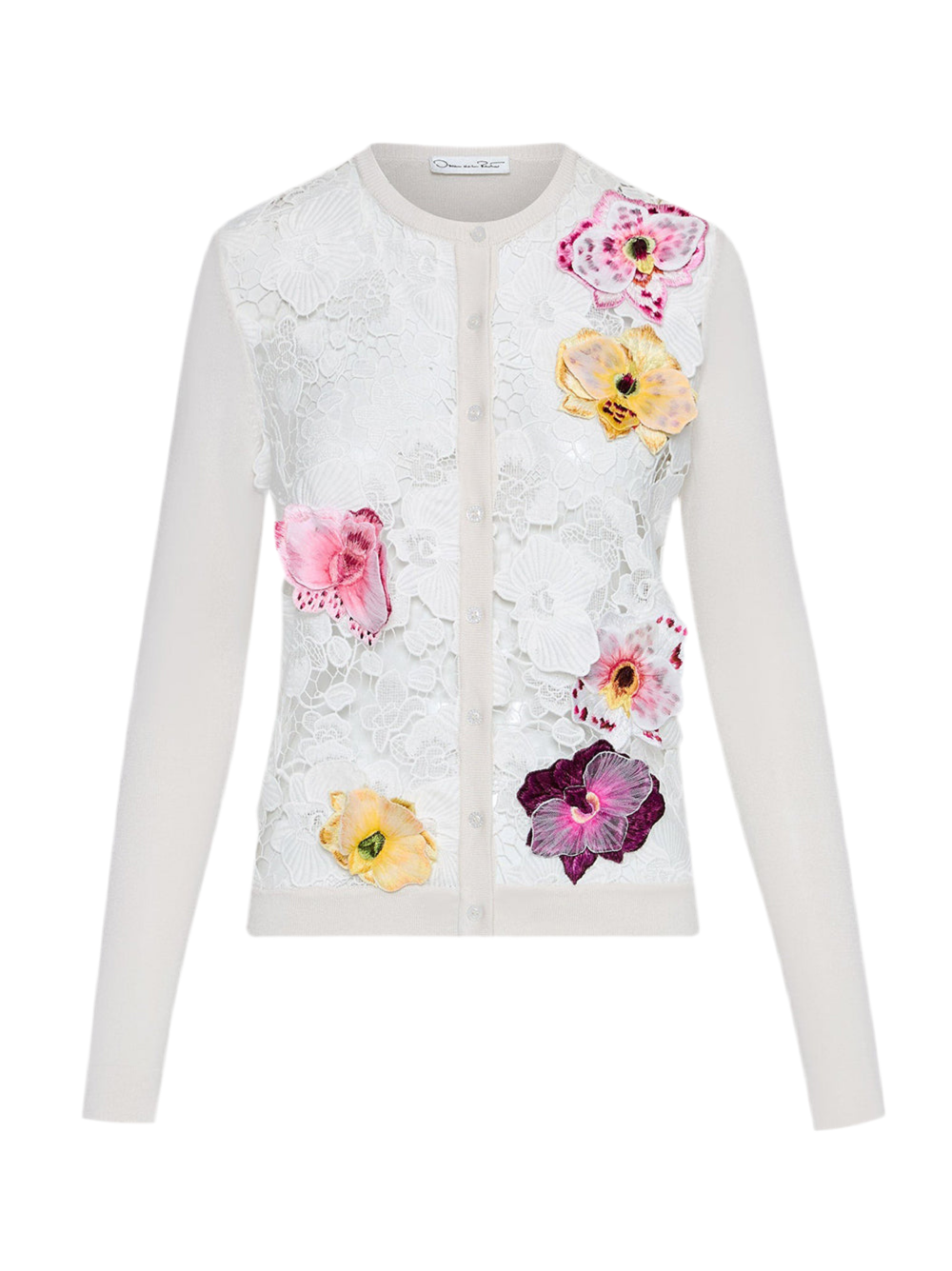 Oscar de la Renta Orchid Threadwork Embroidered Inset Cardigan