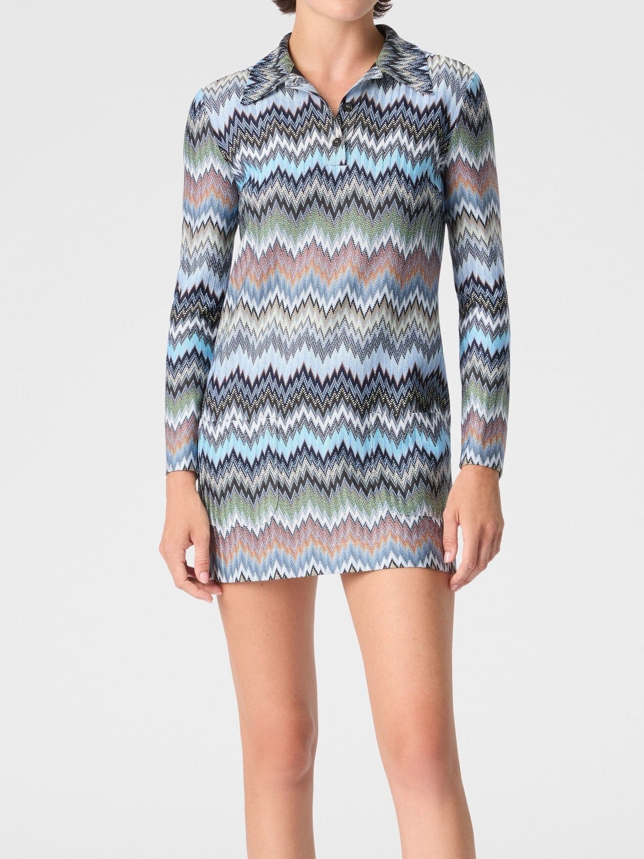 Missoni Snake-Pattern Viscose Polo Mini Dress in Multicolor Blue Tones