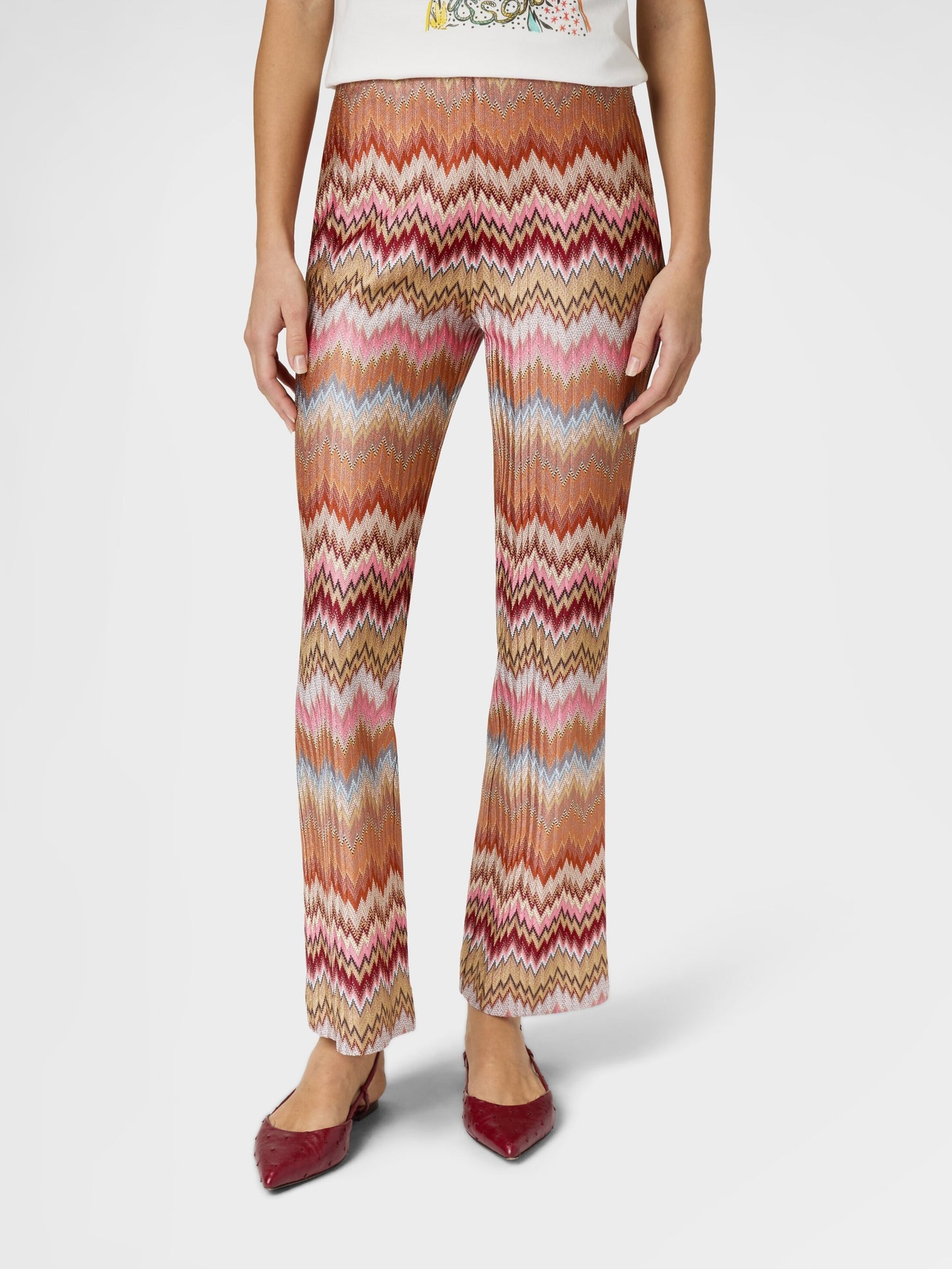Missoni Snake-Pattern Chevron Viscose Flared Trousers in Pink and Rust Tones