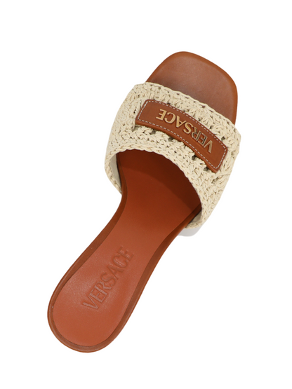 Versace Logo Raffia and Leather Mule Sandals