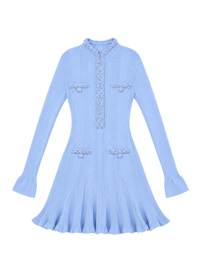 Self-Portrait Blue Pearl Trim Knit Mini Dress in Blue
