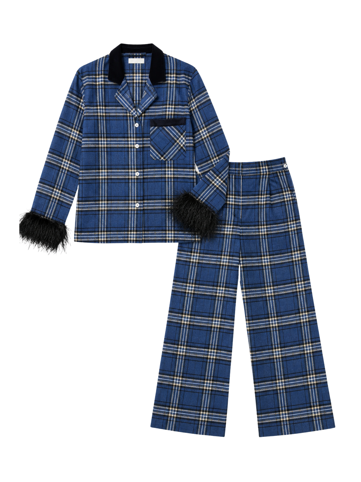 Sleeper Checked Cotton-Flannel Set With Detachable Feathers in Navy Checkered