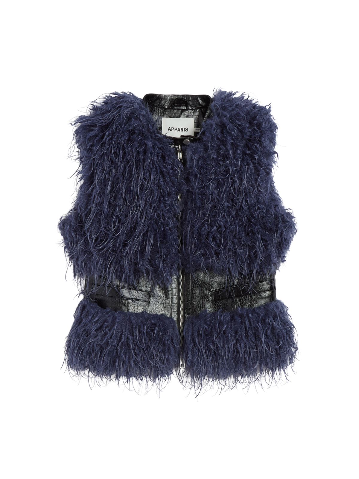 Apparis Cleo Mongolian Vest in Noir Croc/Steel Blue