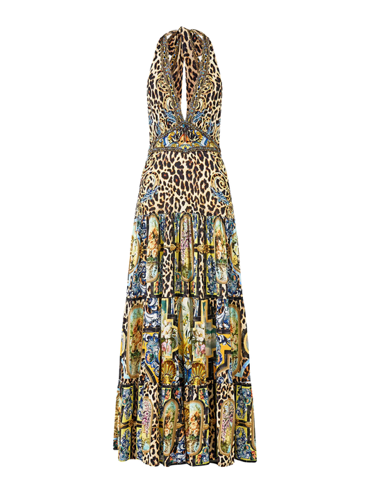 Camilla Halter Jersey Dress with Tiered Skirt in Sevillian Style