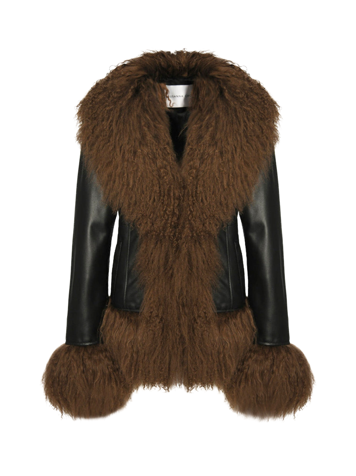 Susanna Chow Dorothy Leather Shearling Midi Coat in Black/Brown