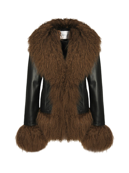 Susanna Chow Dorothy Leather Shearling Midi Coat in Black/Brown