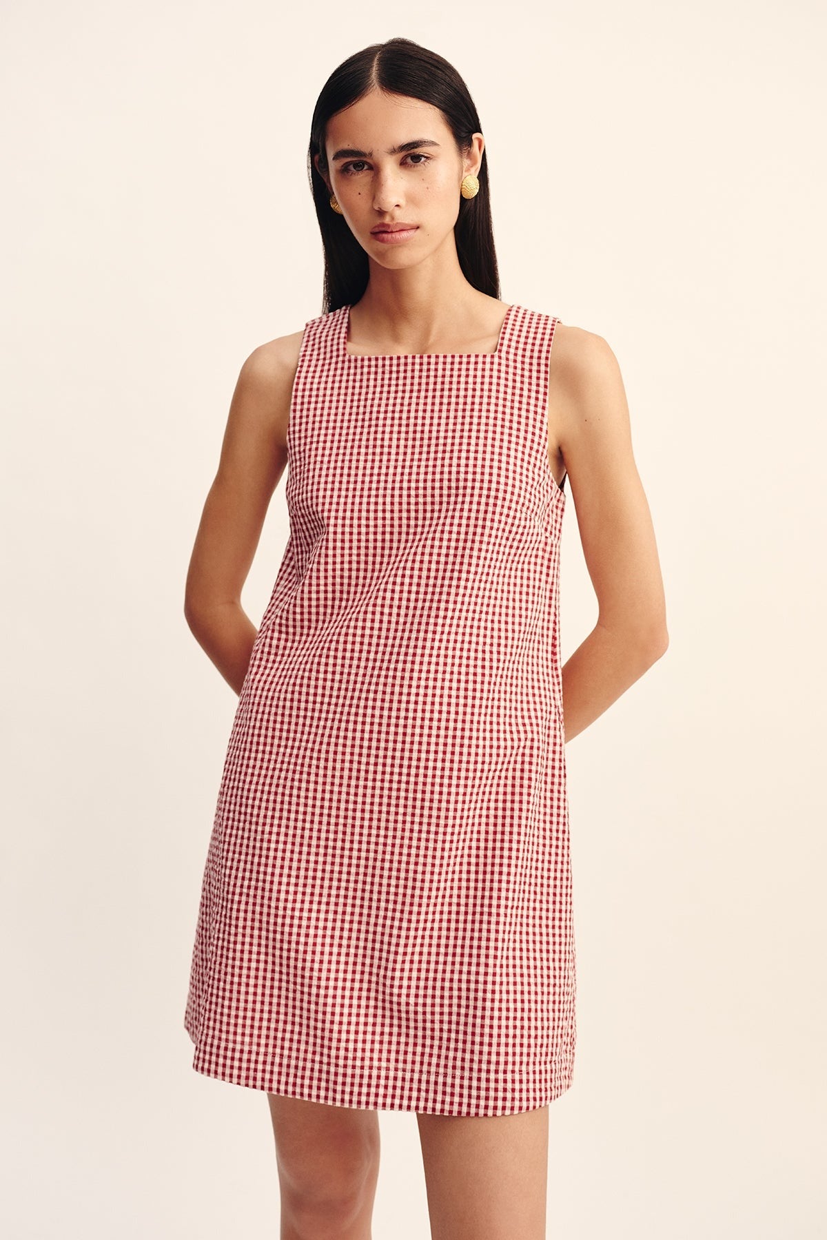 strapless open back dress Posse Emma Shift Mini Dress in Red Gingham